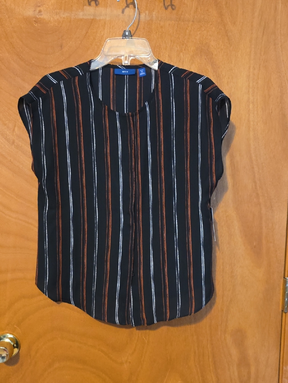 Apt. 9 Black Short-Sleeve Shirt with Rust and White Stripes. Hidden Buttons.